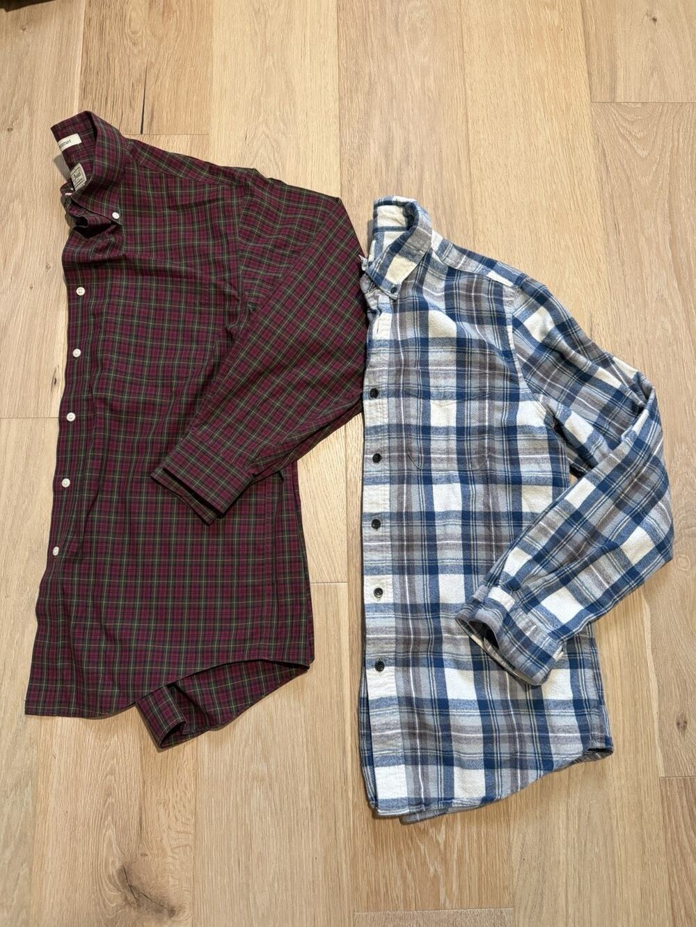 Lot Of 2 L.L.Bean Men’s M Reg Plaid & Flannel Shirts Red Blue 100% Cotton Fitted